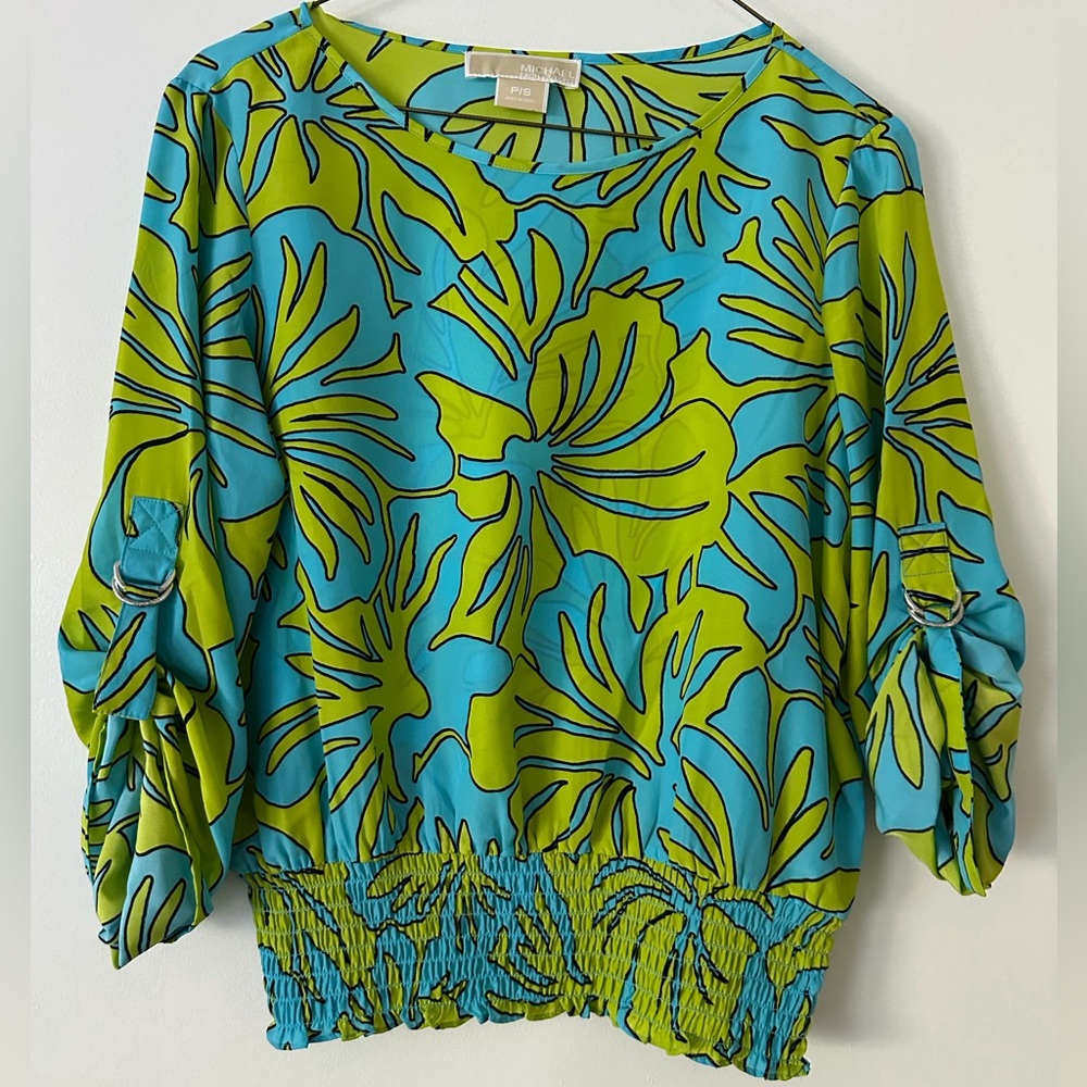 Michael Kors Blue and Lime Green Tropical Print Blouse P/S